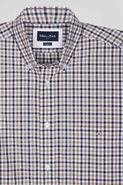 Chemise en popeline de coton marron à carreaux bicolore coupe Regular