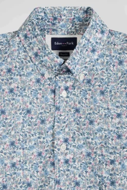 Chemise en popeline de coton ciel microimprimé floral coupe Regular