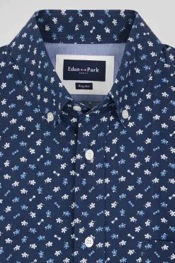 Chemise en popeline de coton bleu marine microimprimé floral coupe Regular