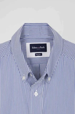 Chemise en popeline de coton bleu marine à rayures bâton coupe Regular