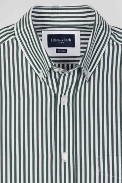 Chemise en popeline de coton rayée verte coupe Regular