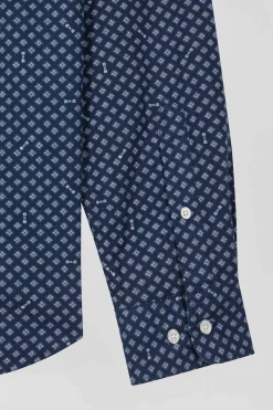 Chemise en popeline de coton indigo imprimé graphique coupe Slim
