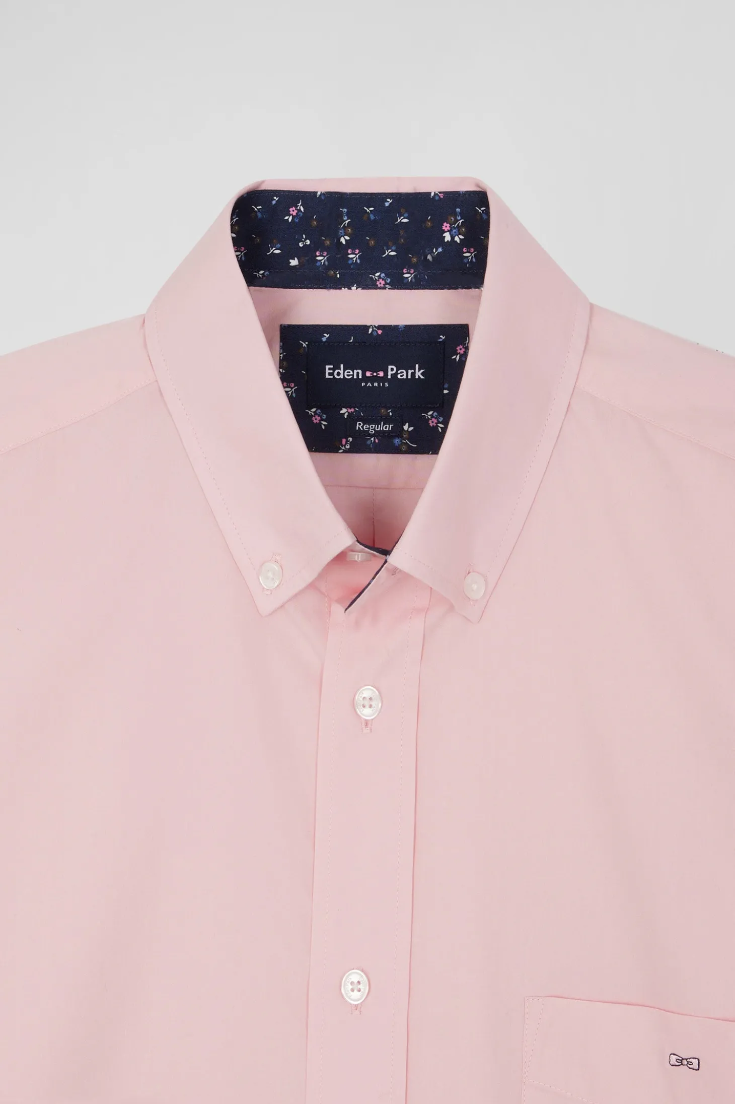 Chemise en popeline de coton rose col boutonné et coudières imprimées coupe Regular