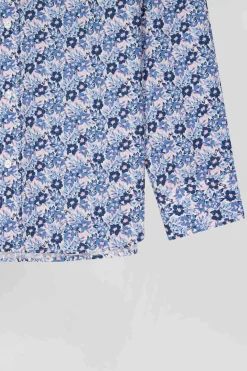 Chemise en popeline de coton bleue imprimé floral coupe Regular