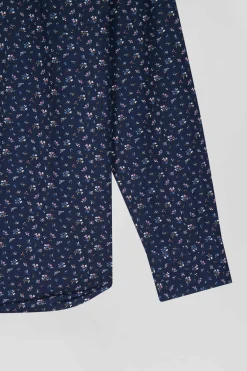 Chemise en popeline de coton bleu marine à microimprimé fleurs coupe Regular