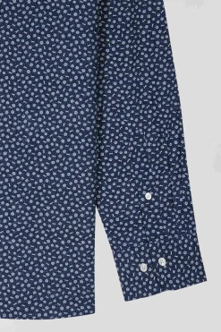 Chemise en popeline de coton bleu marine à microimprimé floral coupe Regular