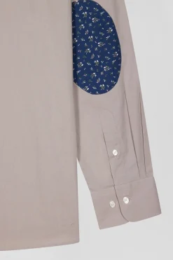 Chemise en popeline de coton grise col boutonné et coudières imprimées coupe Regular