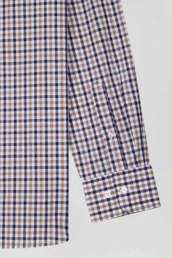 Chemise en popeline de coton marron à carreaux bicolore coupe Regular