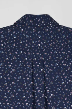Chemise en popeline de coton bleu marine à microimprimé fleurs coupe Regular