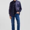 Chemise en twill de coton bleu marine et microimprimé fleurs coupe Regular