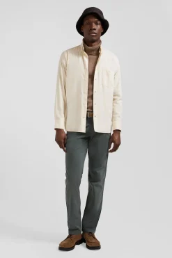 Chemise en twill de coton unie beige col à pointes boutonnées coupe Regular