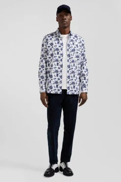 Chemise en twill de coton blanche imprimé floral bleu coupe Regular