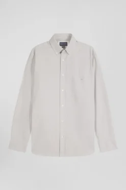 Chemise en twill de coton unie grise col à pointes boutonnées coupe Regular