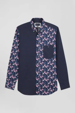 Chemise en twill de coton bleu marine et microimprimé fleurs coupe Regular
