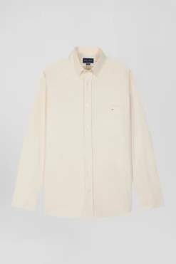 Chemise en twill de coton unie beige col à pointes boutonnées coupe Regular
