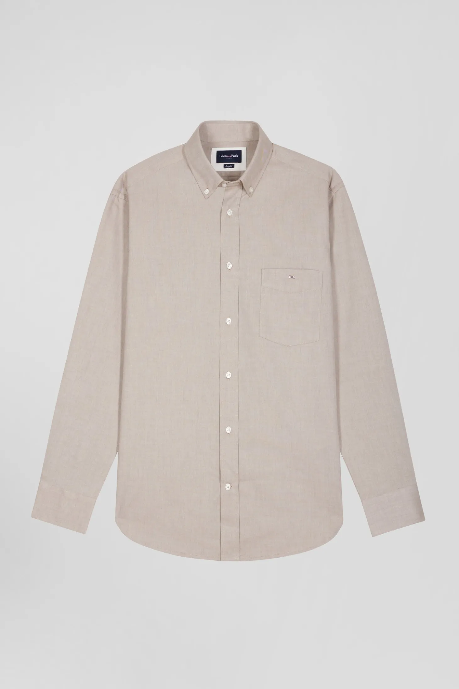 Chemise en twill de coton unie marron col à pointes boutonnées coupe Regular