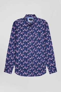 Chemise en twill de coton marine à imprimé fleurs roses coupe Regular