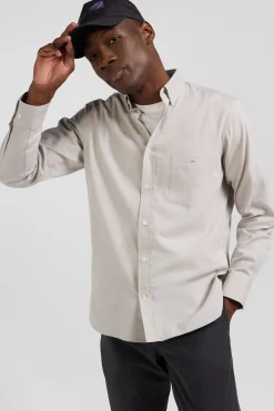 Chemise en twill de coton unie grise col à pointes boutonnées coupe Regular