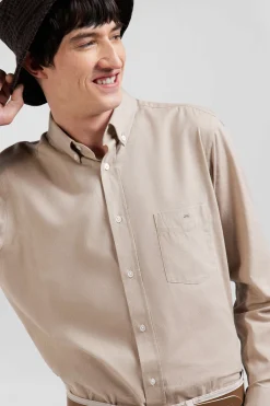 Chemise en twill de coton unie marron col à pointes boutonnées coupe Regular