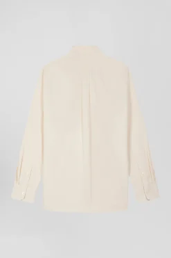 Chemise en twill de coton unie beige col à pointes boutonnées coupe Regular