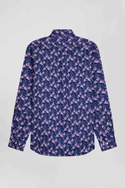 Chemise en twill de coton marine à imprimé fleurs roses coupe Regular