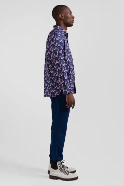 Chemise en twill de coton marine à imprimé fleurs roses coupe Regular