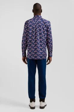 Chemise en twill de coton marine à imprimé fleurs roses coupe Regular
