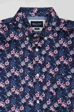 Chemise en twill de coton marine à imprimé fleurs roses coupe Regular
