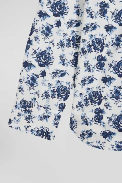 Chemise en twill de coton blanche imprimé floral bleu coupe Regular