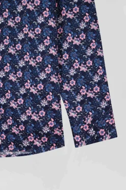 Chemise en twill de coton marine à imprimé fleurs roses coupe Regular
