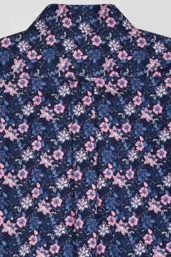 Chemise en twill de coton marine à imprimé fleurs roses coupe Regular