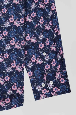 Chemise en twill de coton bleu marine et microimprimé fleurs coupe Regular