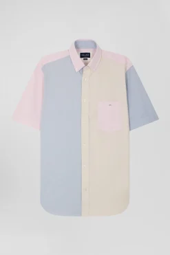 Chemise manches courtes colorblock en coton ciel coupe Regular
