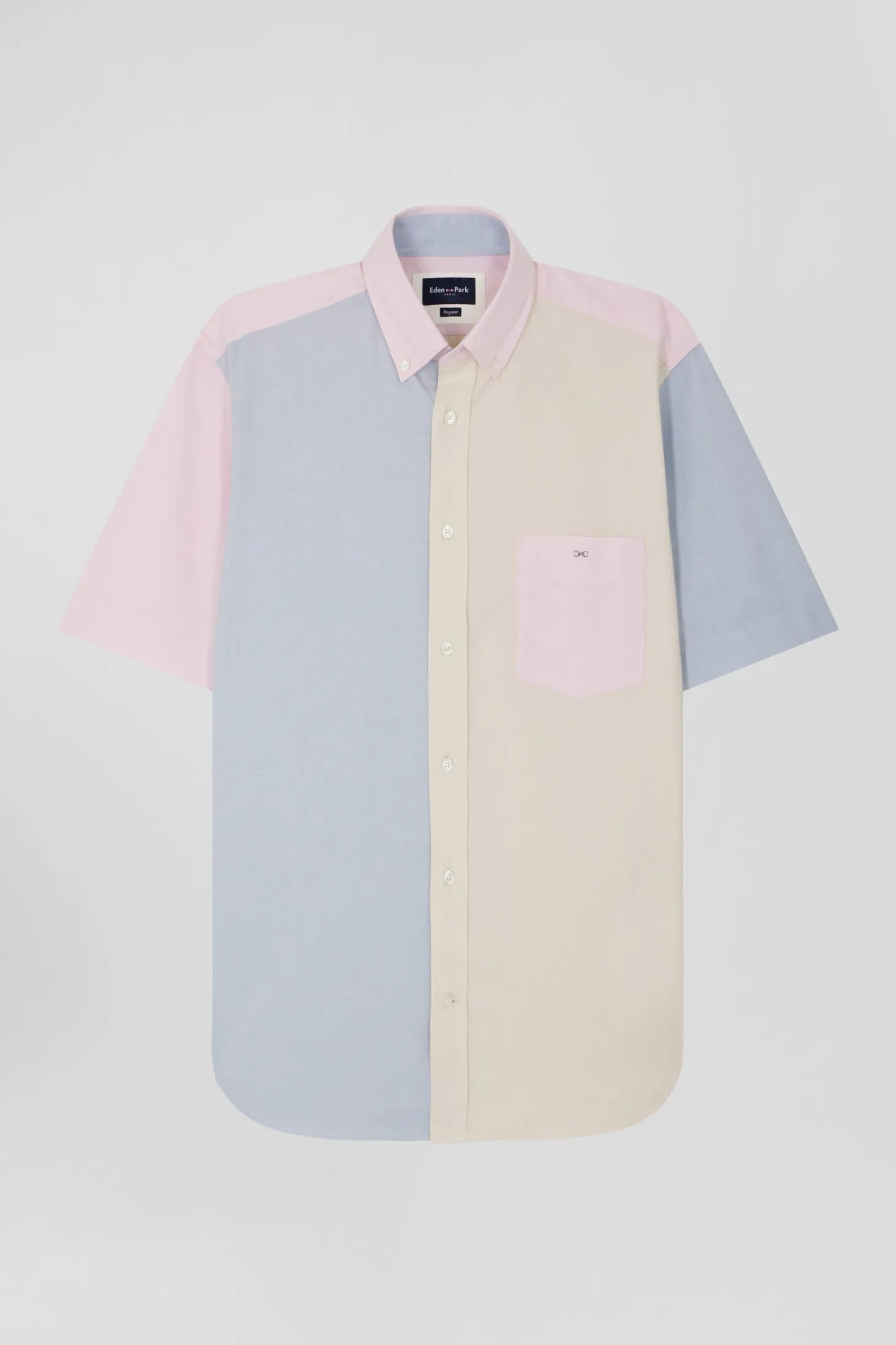 Chemise manches courtes colorblock en coton ciel coupe Regular