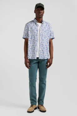 Chemise manches courtes en coton écru microimprimé fleurs coupe Regular