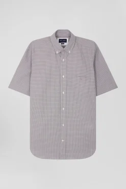 Chemise manches courtes en coton grège à microcarreaux coupe Regular