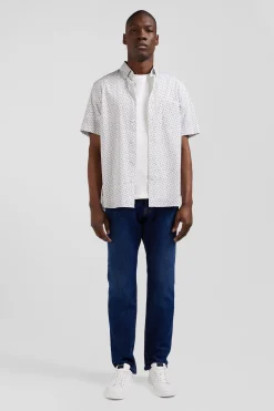 Chemise manches courtes en coton écru microimprimé coupe Regular