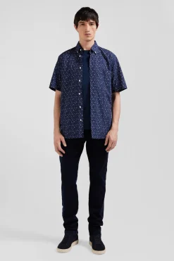 Chemise manches courtes en coton marine microimprimé fleurs coupe Regular