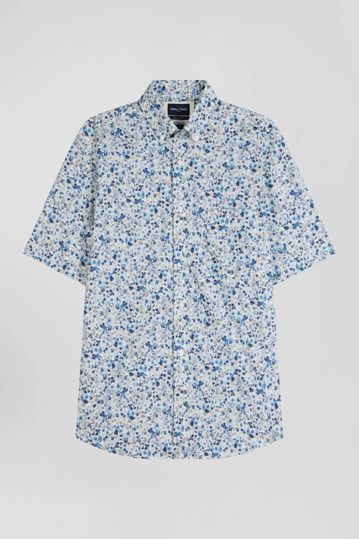 Chemise manches courtes en coton écru microimprimé fleurs coupe Regular