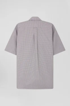 Chemise manches courtes en coton grège à microcarreaux coupe Regular