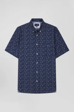 Chemise manches courtes en coton marine microimprimé fleurs coupe Regular