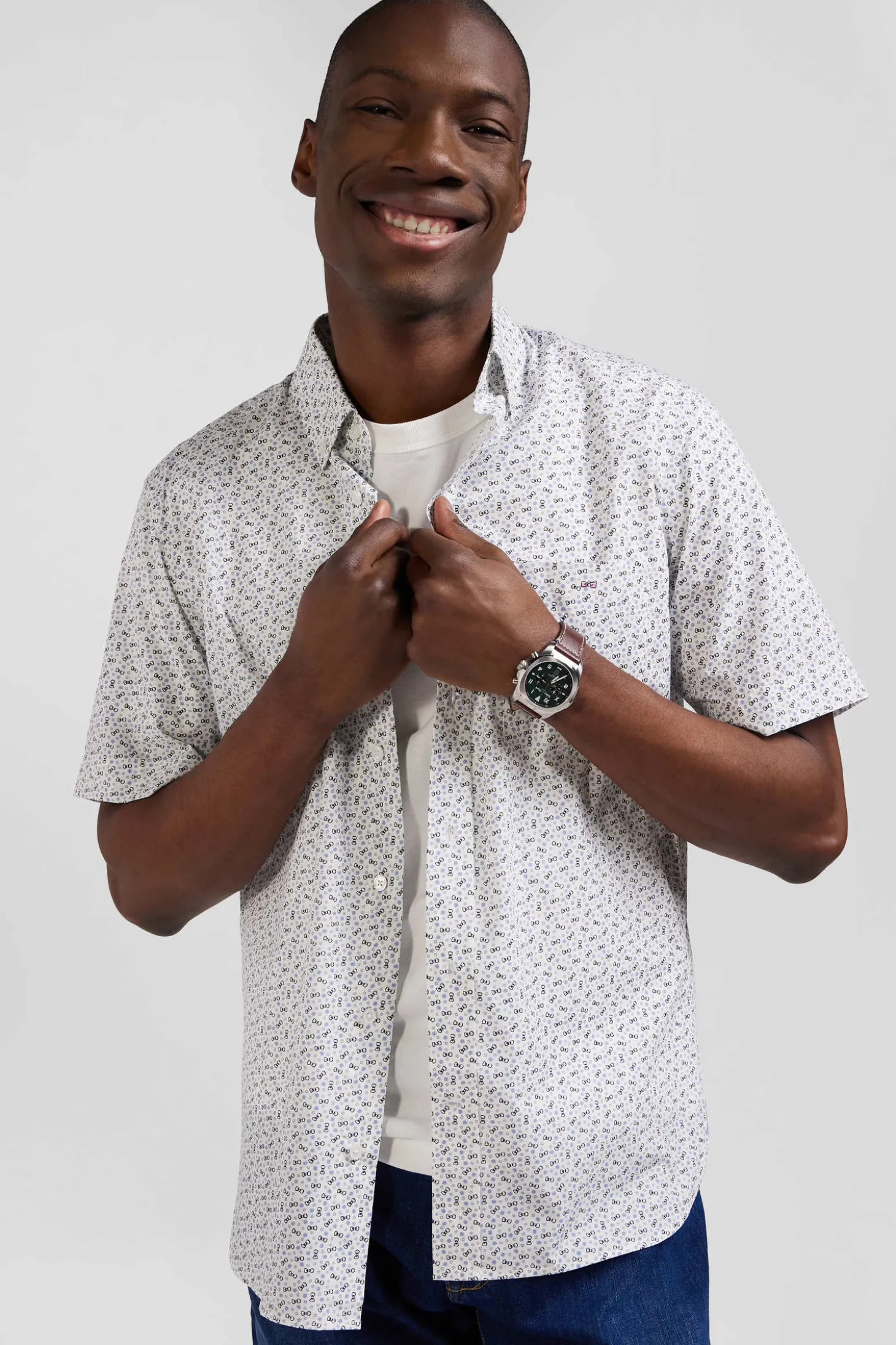 Chemise manches courtes en coton écru microimprimé coupe Regular