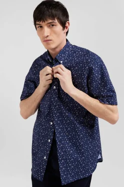 Chemise manches courtes en coton marine microimprimé fleurs coupe Regular