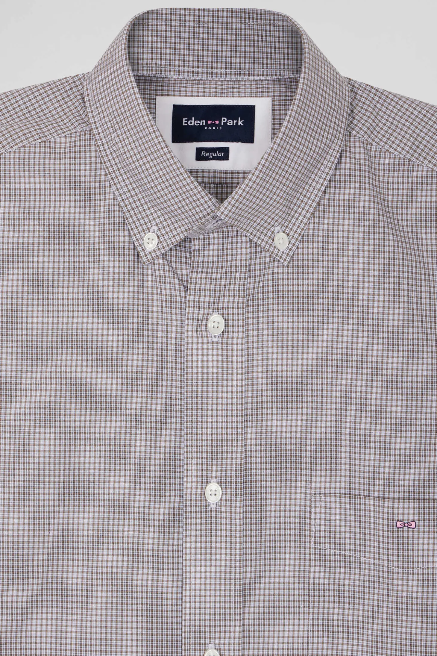 Chemise manches courtes en coton grège à microcarreaux coupe Regular