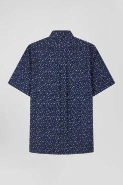 Chemise manches courtes en coton marine microimprimé fleurs coupe Regular