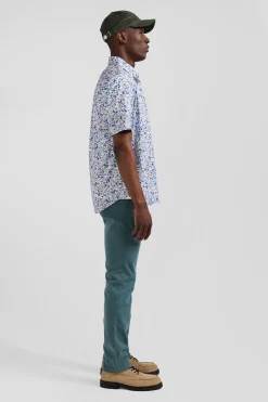Chemise manches courtes en coton écru microimprimé fleurs coupe Regular
