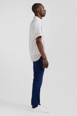 Chemise manches courtes en coton écru microimprimé coupe Regular