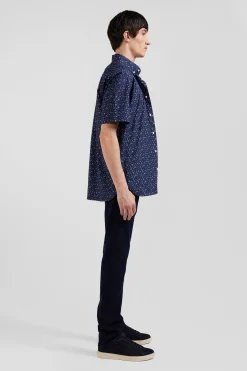 Chemise manches courtes en coton marine microimprimé fleurs coupe Regular