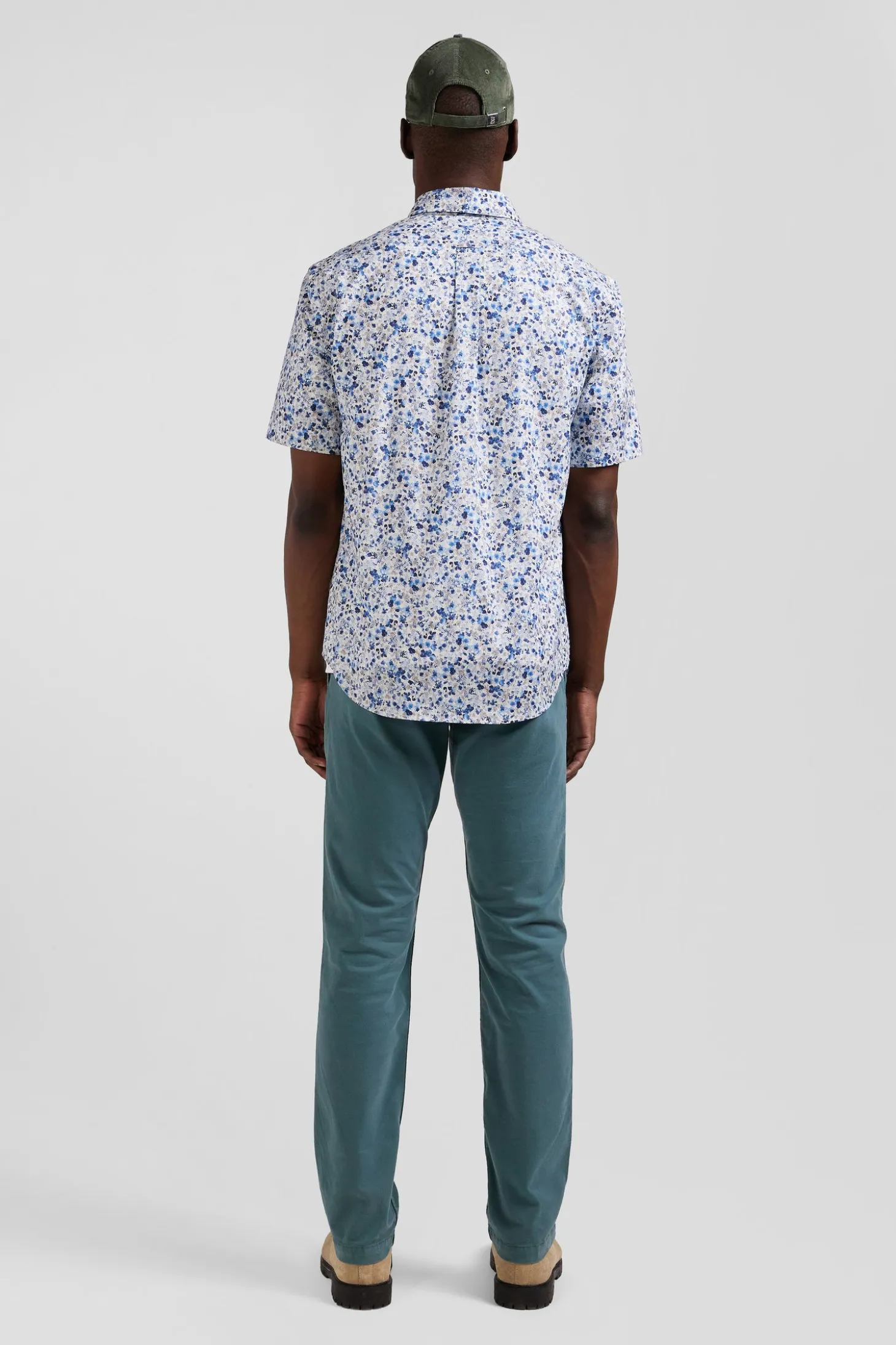 Chemise manches courtes en coton écru microimprimé fleurs coupe Regular
