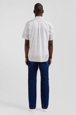 Chemise manches courtes en coton écru microimprimé coupe Regular